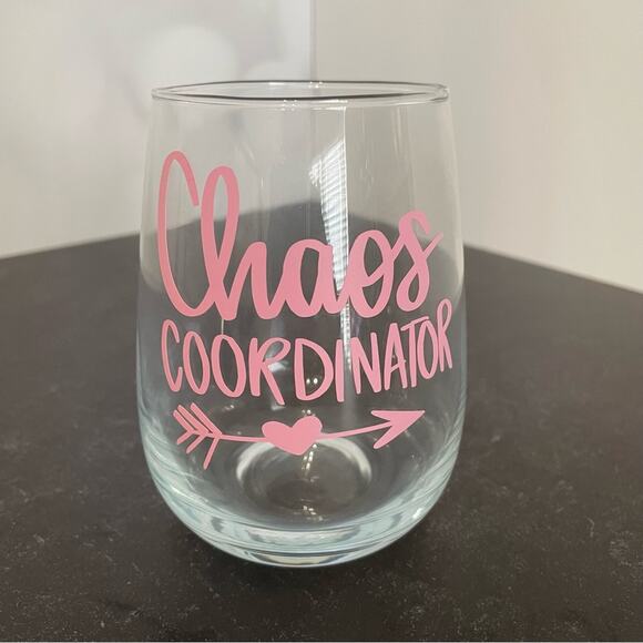 “Chaos Coordinator” Handmade Vinyl Wine Glass Design Stemless 17oz Pink - Picture 1 of 3